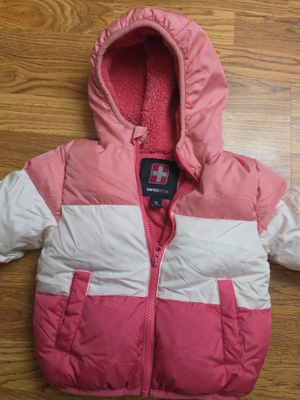 Swiss Tech Girls' Pink Colorblock Hooded Puffer Jacket